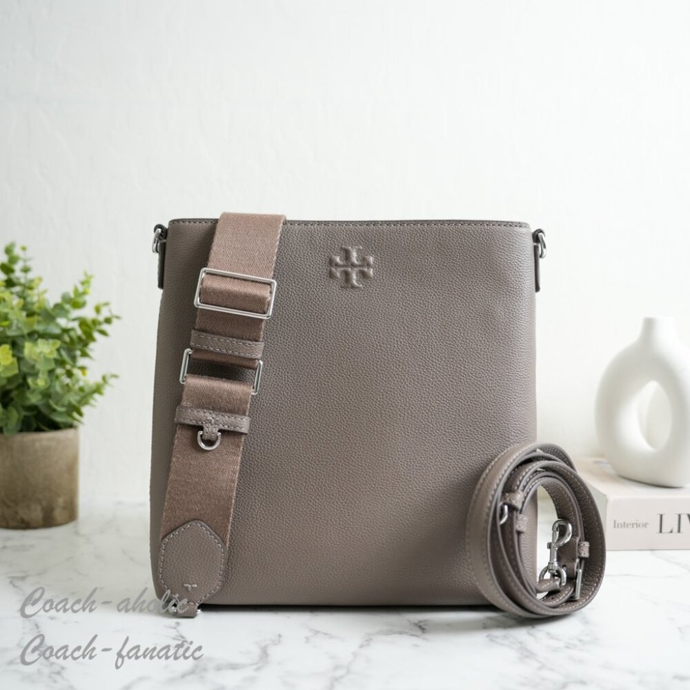 Tory Burch Taupe Pebbled Leather Crossbody Bag with Adjustable Strap